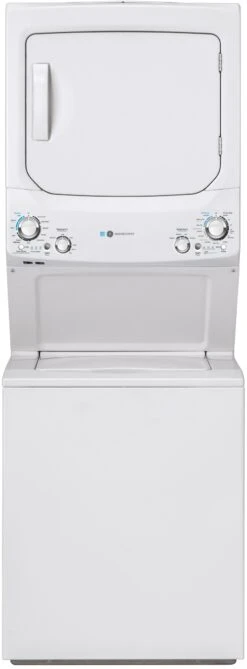 Open Box **Scratch And Dent** GE® Unitized Spacemaker® 3.9 Cu. Ft. Washer, 5.9 Cu. Ft. Dryer White Stack Laundry