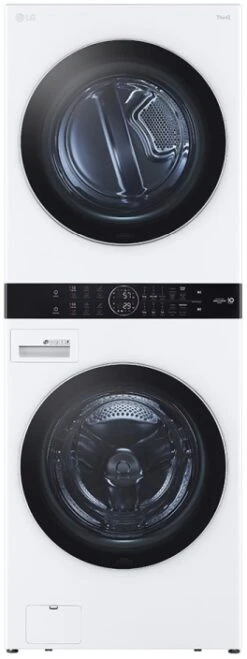 Open Box **Scratch And Dent** LG 4.5 Cu. Ft. Washer, 7.4 Cu. Ft. Electric Dryer White Front Load Stack Laundry