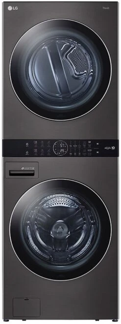 Open Box **Scratch And Dent** LG 4.5 Cu. Ft. Washer, 7.4 Cu. Ft. Electric Dryer Black Steel Front Load Stack Laundry