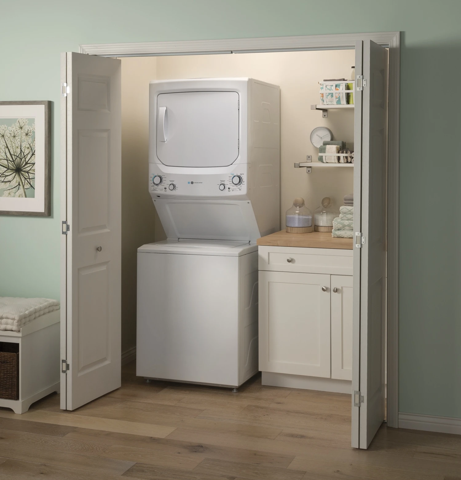 Open Box **Scratch And Dent** GE® Unitized Spacemaker® 3.9 Cu. Ft. Washer, 5.9 Cu. Ft. Dryer White Stack Laundry 7 Open Box **Scratch And Dent** GE® Unitized Spacemaker® 3.9 Cu. Ft. Washer, 5.9 Cu. Ft. Dryer White Stack Laundry - Image 5