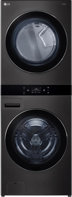 Open Box **Scratch And Dent** LG 5.0 Cu. Ft. Washer, 7.4 Cu. Ft. Dryer Black Steel Stack Laundry