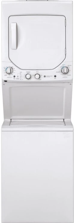 Open Box **Scratch And Dent** GE® Unitized Spacemaker® 2.3 Cu. Ft. Washer, 4.4 Cu. Ft. Dryer White On White Stack Laundry